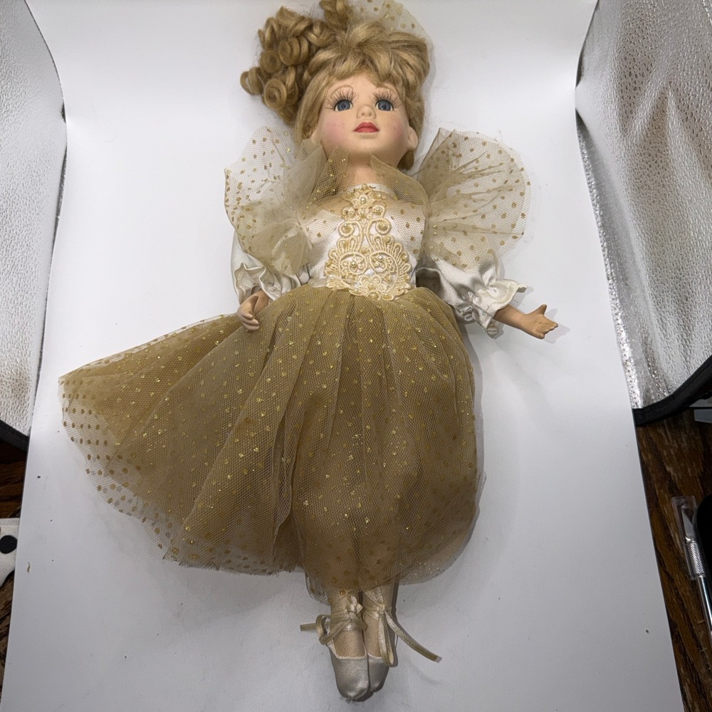 Unbranded Girls 18" Porcelain Fairy Ballerina Doll Gold Tulle Tutu Vintage
